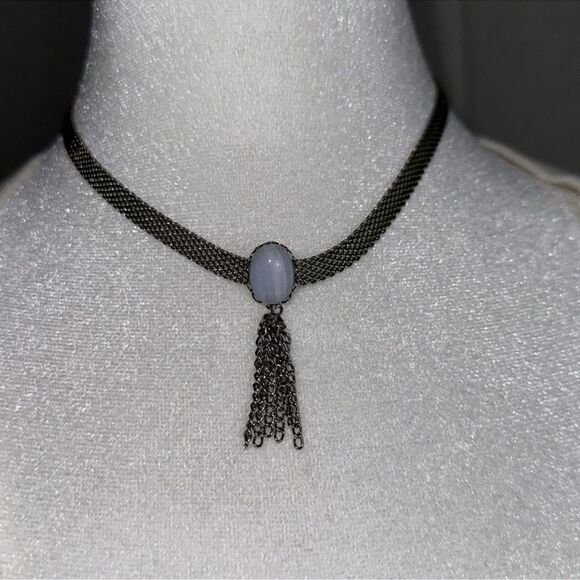 Thick Silver Tone Mesh Strand Choker Necklace Sky Blue Pearl Tassel Strands - Picture 1 of 6